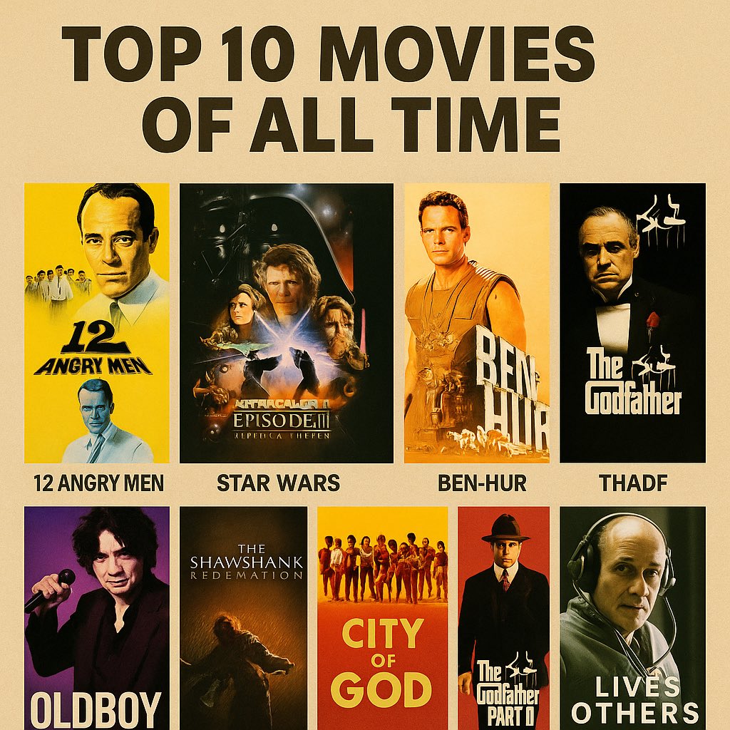 My Top 10 Movies of All Time
12 Angry Men 1957 
Star Wars: Episode III – Revenge of the Sith
The Usual Suspects
Ben-Hur 1959 
The Godfather
Oldboy 2003
The Shawshank Redemption
City of God
The Godfather Part II
The Lives of Others
Yours?