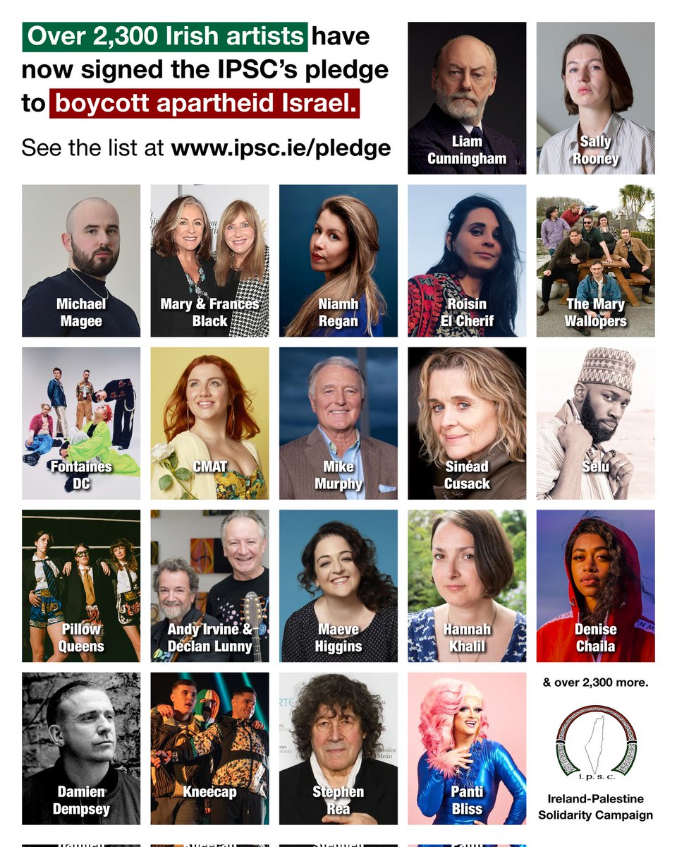🇵🇸 Amazing! Our Irish Artists' Pledge to Boycott Israel has reached 2, 376 signatories! We are proud of this serious solidarity with the Palestinian people and total rejection of Israeli apartheid. Artists sign up ➡️ 
ipsc.ie/cultural-boyco… 
#BDS is UNSTOPPABLE! #FreePalestine