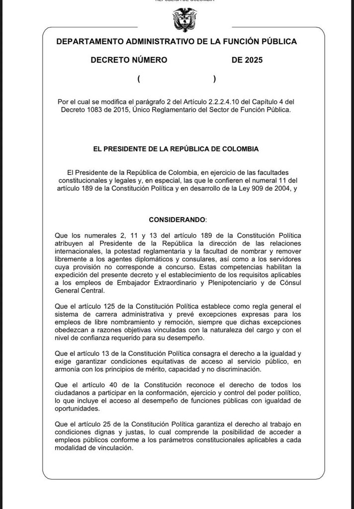 MariaFdaCabal's tweet image. Aquí en está el proyecto de decreto del gobierno Petro que pretende eliminar los requisitos académicos y profesionales para ser Embajador y Cónsul.

Demandaremos este decreto que atenta contra la carrera diplomática y la excelencia en el servicio exterior.