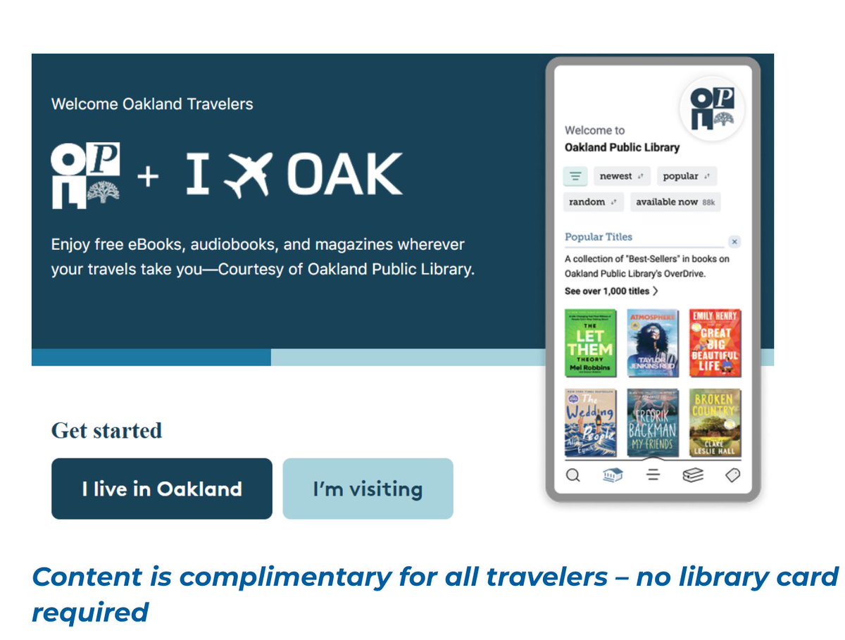 infodocket's tweet image. Oakland Public Library Partners with Oakland San Francisco Bay Airport to Launch Free Digital Reading Campaign For Travelers (via @PortofOakland)) portofoakland.com/oakland-public… #libraries #publiclibraries #travel #airports #ebooks #audiobooks @oaklibrary