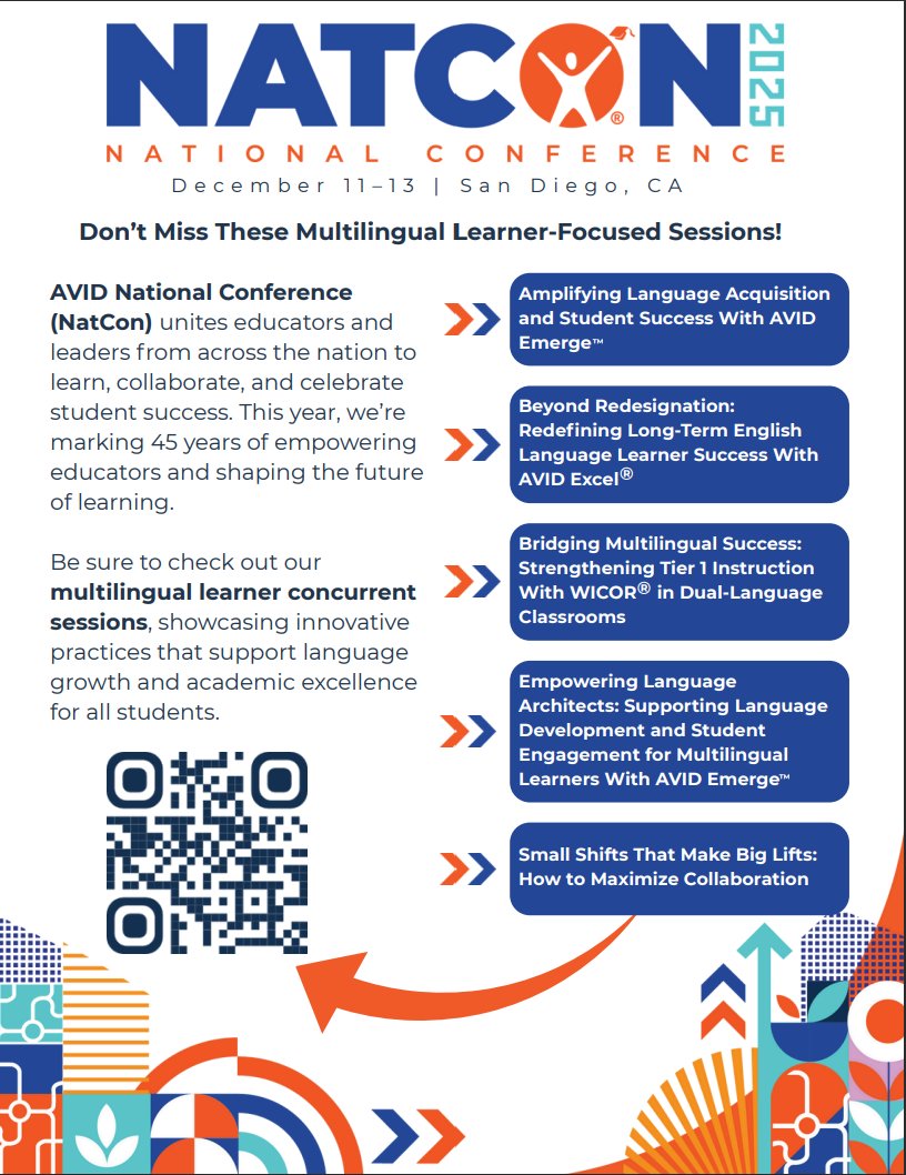 AVID4College's tweet image. Multilingual learners deserve intentional, empowering instruction — and this year’s #AVIDNatCon2025 sessions were designed with that in mind.

Explore strategies for language acquisition, collaboration, and long-term success: avid.org/national-confe…