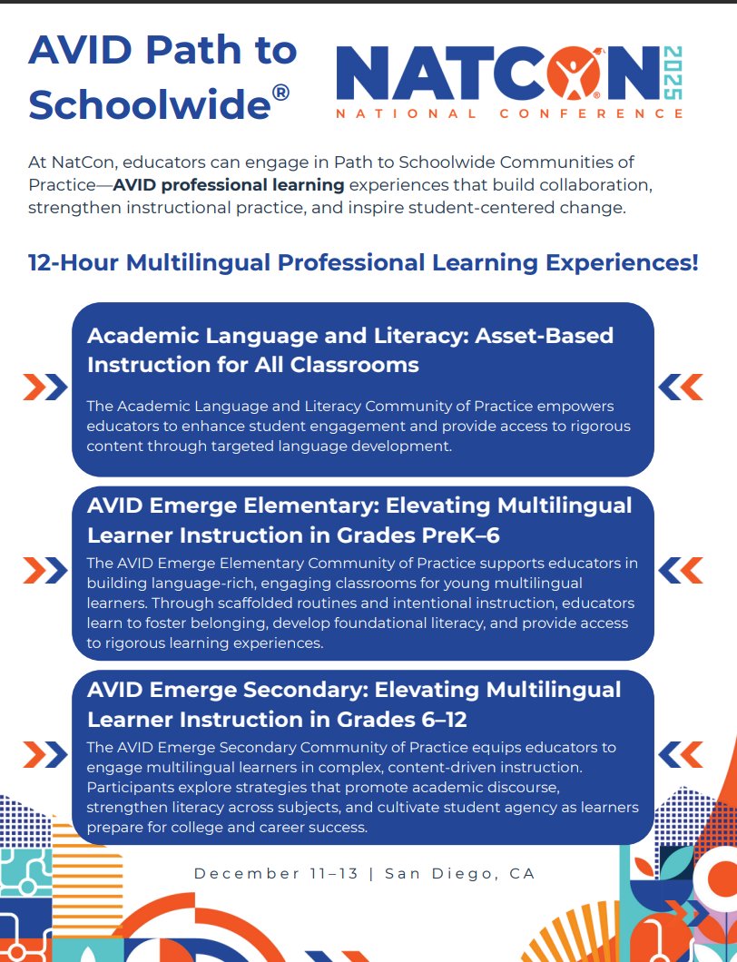 AVID4College's tweet image. Multilingual learners deserve intentional, empowering instruction — and this year’s #AVIDNatCon2025 sessions were designed with that in mind.

Explore strategies for language acquisition, collaboration, and long-term success: avid.org/national-confe…