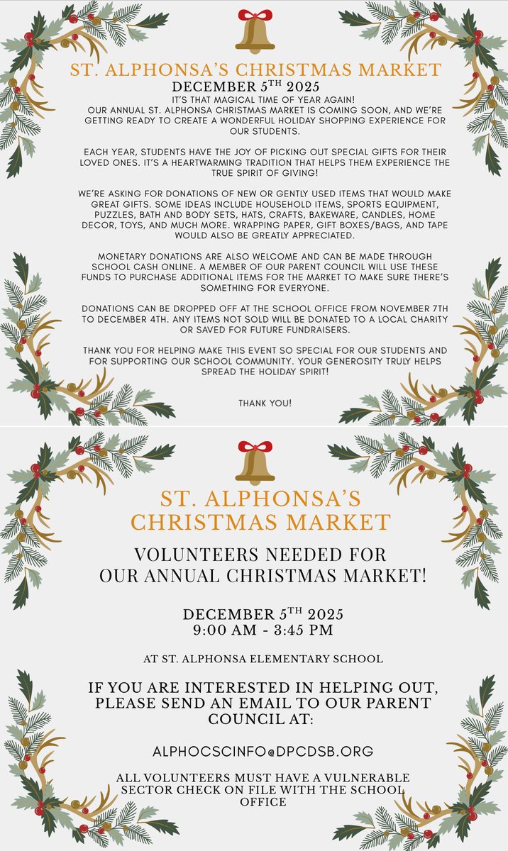 We continue to collect items for our Christmas market!! Donations can be dropped off to the main office.  Looking to volunteer…email the address below!