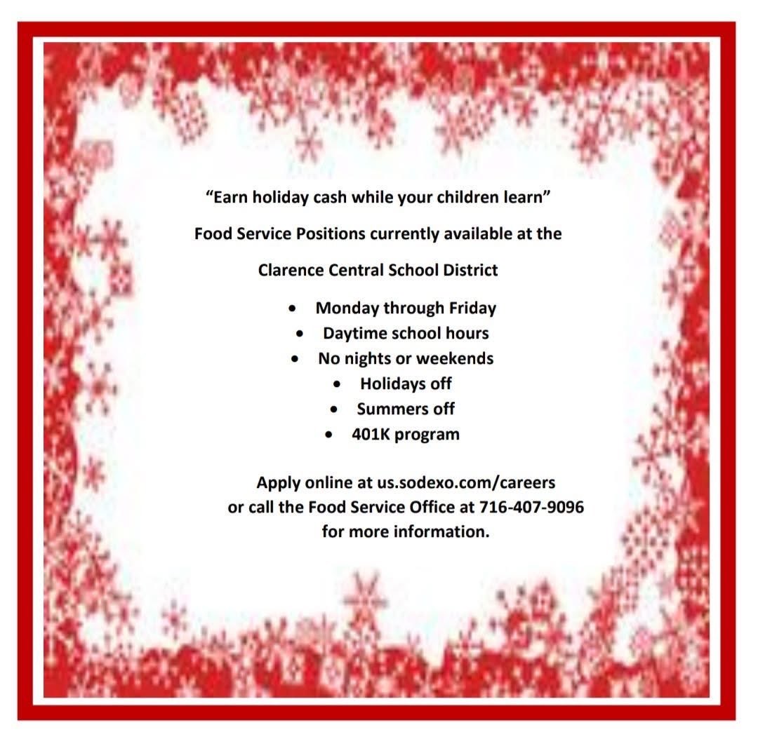 ClarenceHS_PTO's tweet image. The Food Service Department in the Clarence School District is looking to add some wonderful people to our team. Its a great job being able to interact with amazing kids and even better hours. 
Please call the number listed and ask for Joan or Evie! 
Us.sodexo.com/careers
