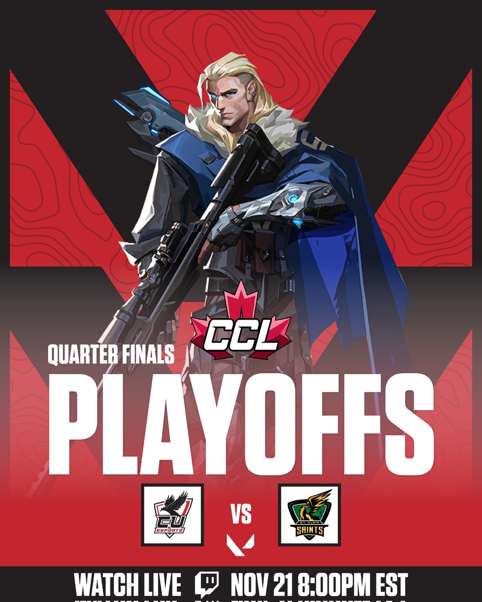 EsportsCarleton's tweet image. Come support CU in the Valorant CCL quarter finals against @SaintsGamingCA 
Watch live at twitch.tv/m1nhoval
#cuwin #collegiate #valorant #esports