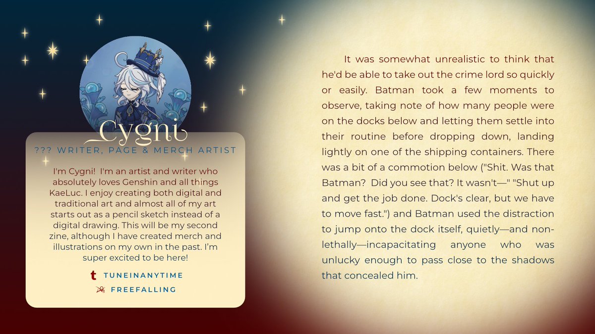 ✨ CONTRIBUTOR SPOTLIGHT ✨

Our next creator is writer and artist Cygni (tuneinanytime on Tumblr)! They love to create on a ton of different mediums and they have a wonderful collab piece in the works!