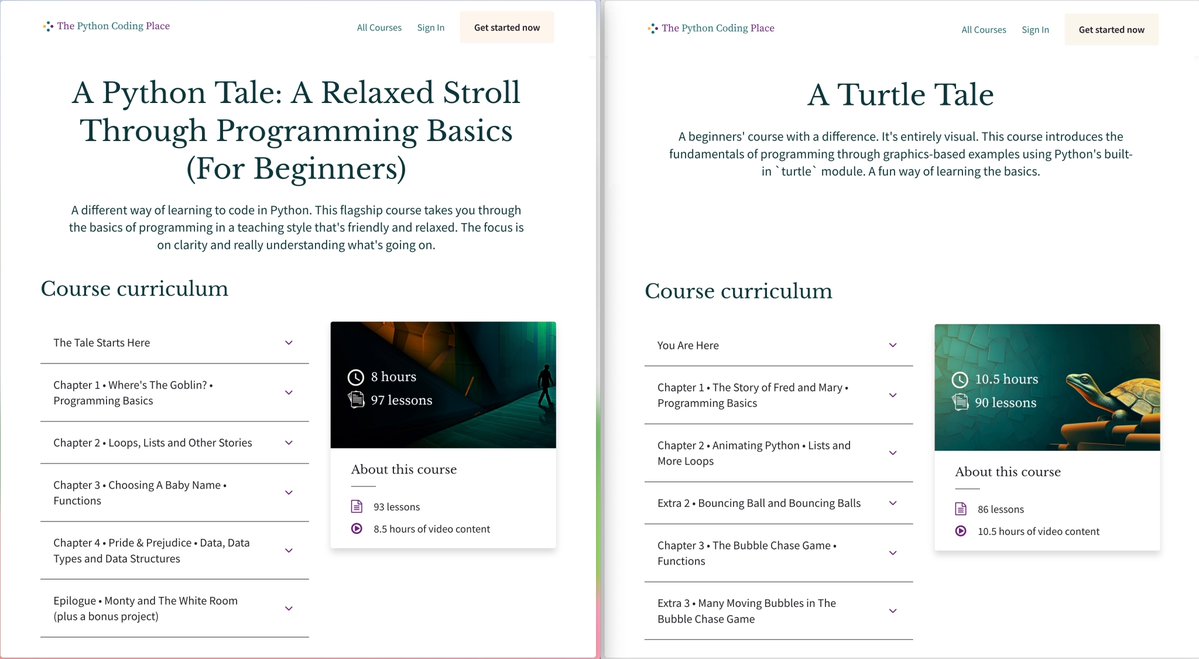 Why have 1 when you can have 2?

Spotlight on both beginners' courses at The Python Coding Place

• Both great for beginners
• But different in style
• You don't have to choose—get both

Both included in Black Friday All-Courses Bundle • Only $200

Links below…
