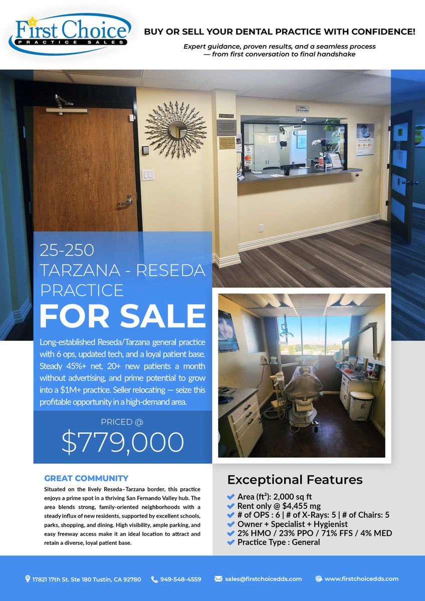 FirstChoicePS's tweet image. 🦷 For Sale: Established Reseda–Tarzana dental practice!

6 ops • digital X‑rays • modern interiors • loyal patients • 20+ new patients/mo • strong net income • low rent.

📍 Prime SoCal location
💰 Asking $779K

👉 Details: firstchoicedds.com/dental-office-…

First Choice Practice…