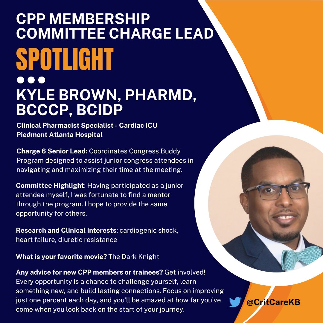 SCCM_CPP's tweet image. ✨Charge Lead Spotlight✨
Kyle Brown is a Cardiac ICU Clinical Pharmacy Specialist @PiedmontHealth and Charge 6 lead of the @SCCM_CPP Membership Committee. Research interests include #cardiogenicshock, #heartfailure, and diuretic resistance. Follow him @CritCareKB! #PharmICU