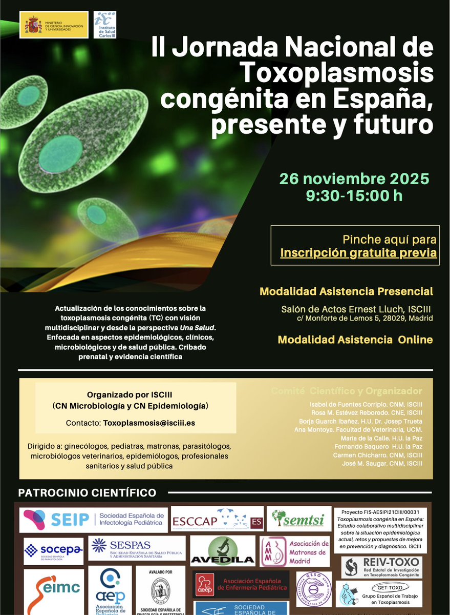 II Jornada Nacional de Toxoplasmosis: Toxoplasmosis congénita en España, presente y futuro
 👩‍💻Instituto de Salud Carlos III
 📍Salón de Actos Ernest Lluch, ISCIII
 🗓️ 26 de noviembre de 2025
Toda la info e inscripciones:
👇aeped.es/agenda/jornada…