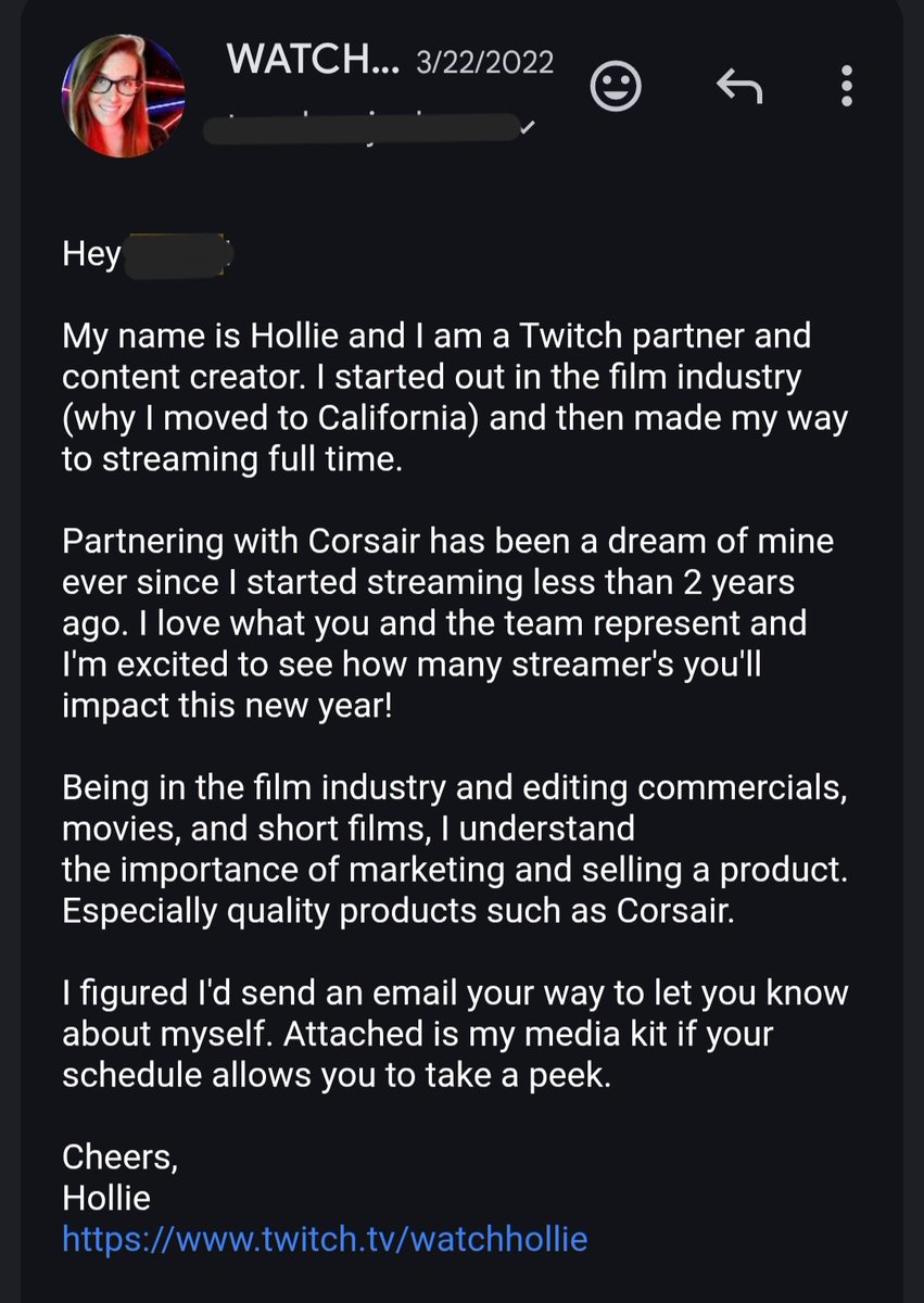 WATCHHOLLIE's tweet image. I've been sponsored by Taco Bell, Quest, Clothing &amp;amp; meal prep Brands, Games, Streamer Bots, NVIDIA, CORSAIR, etc

I email sponsors &amp;amp; introduce myself without asking for anything (at first 😉)

Here's an example email that got me partnered w/Corsair

Ask me anything! Let me help!