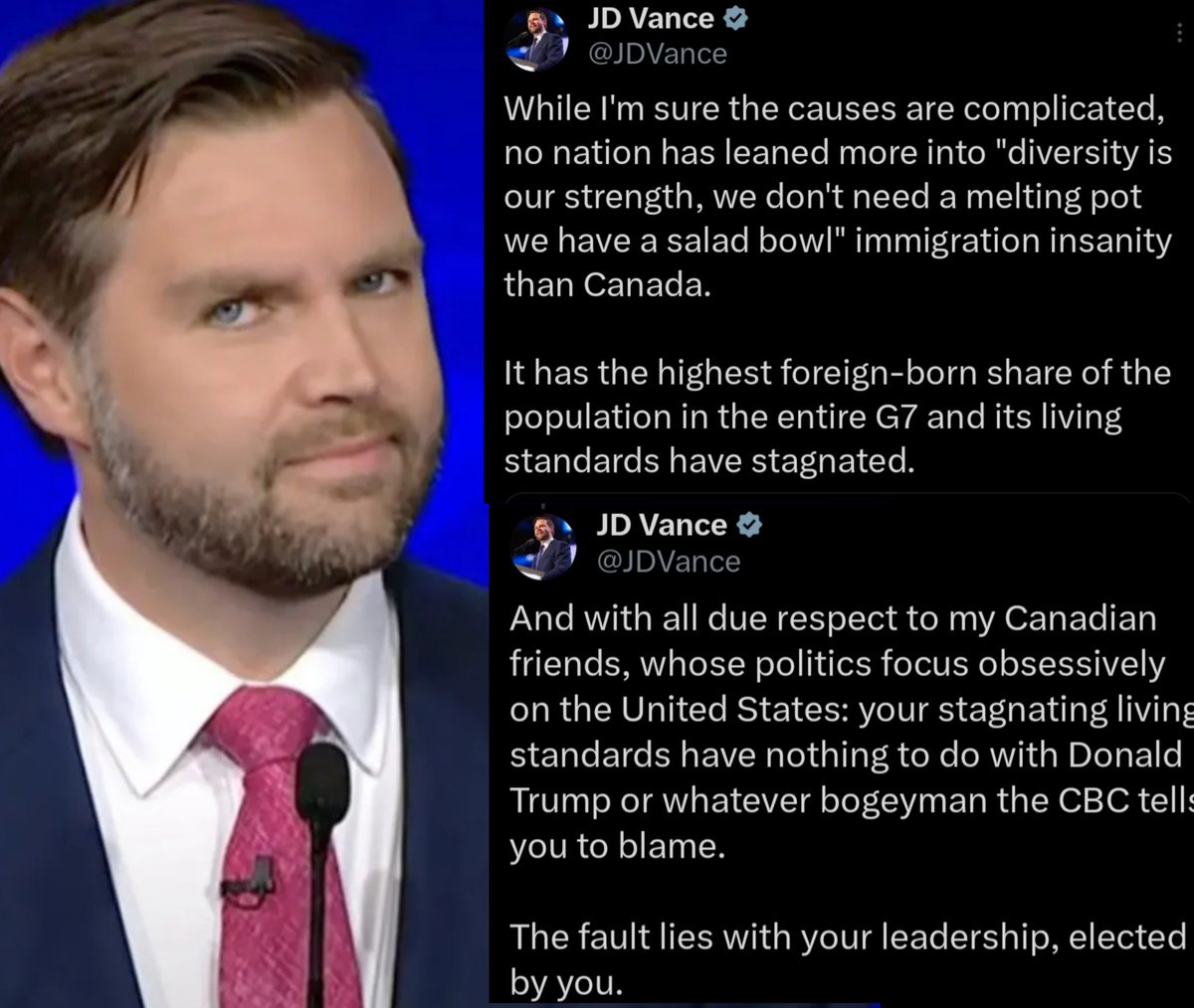 truckdriverpleb's tweet image. JD Vance blames the Liberals, the CBC and woke immigration policies for the brutal decline of Canada  

Do you agree with JD?