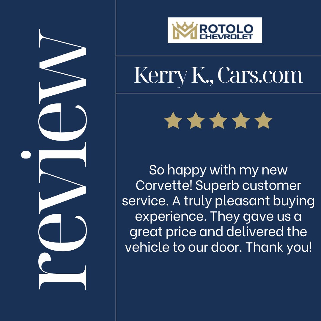 RotoloChevyCa's tweet image. Thank you for your wonderful review, Kerry! We’re thrilled you’re happy with your new Corvette and our customer service at Rotolo Chevrolet. We’re glad we could deliver your vehicle to your door and look forward to serving you again!
