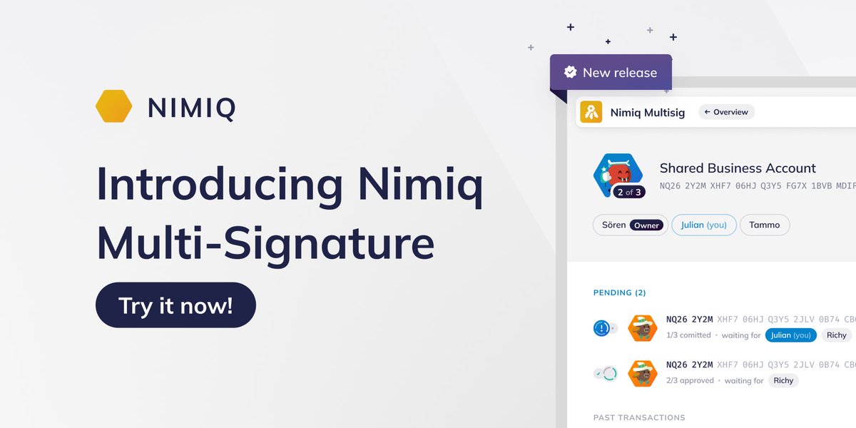 nimiq's tweet image. 🚨HUGE NEWS

Introducing the Nimiq Multisig app!

The easiest way to securely share wallet control.

Perfect for families, friends, businesses or DAOs who want to manage funds together &amp;amp; stay protected.

👉See how it works youtube.com/watch?v=uDka0k…

👉Try it multisig.nimiq.com