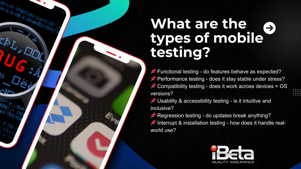 iBetaQA's tweet image. Understanding mobile testing means knowing the full landscape. Not just “does it work?” but how it works under real conditions.

Structured QA protects your release and your users.
#MobileTesting #QA #SoftwareTesting #AppDev #QualityEngineering