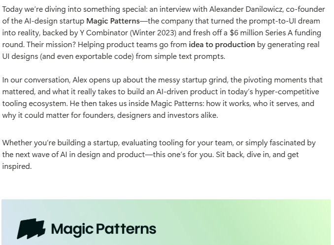 kimmonismus's tweet image. Today’s newsletter features a deep-dive interview with Alex Danilowicz (@alexdanilowicz), co-founder of Magic Patterns — the YC-backed startup turning plain text prompts into production-ready UI and redefining how product teams build.

Alex walks through the real journey: the…