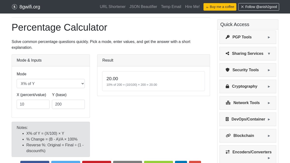 anish2good's tweet image. Solve your percentage problems quickly with our comprehensive Percentage Calculator! From percent change to discount simulations, we&apos;ve got you covered. Try it now: 8gwifi.org/percentage-cal… 🔍 #DevTools #OpenSource