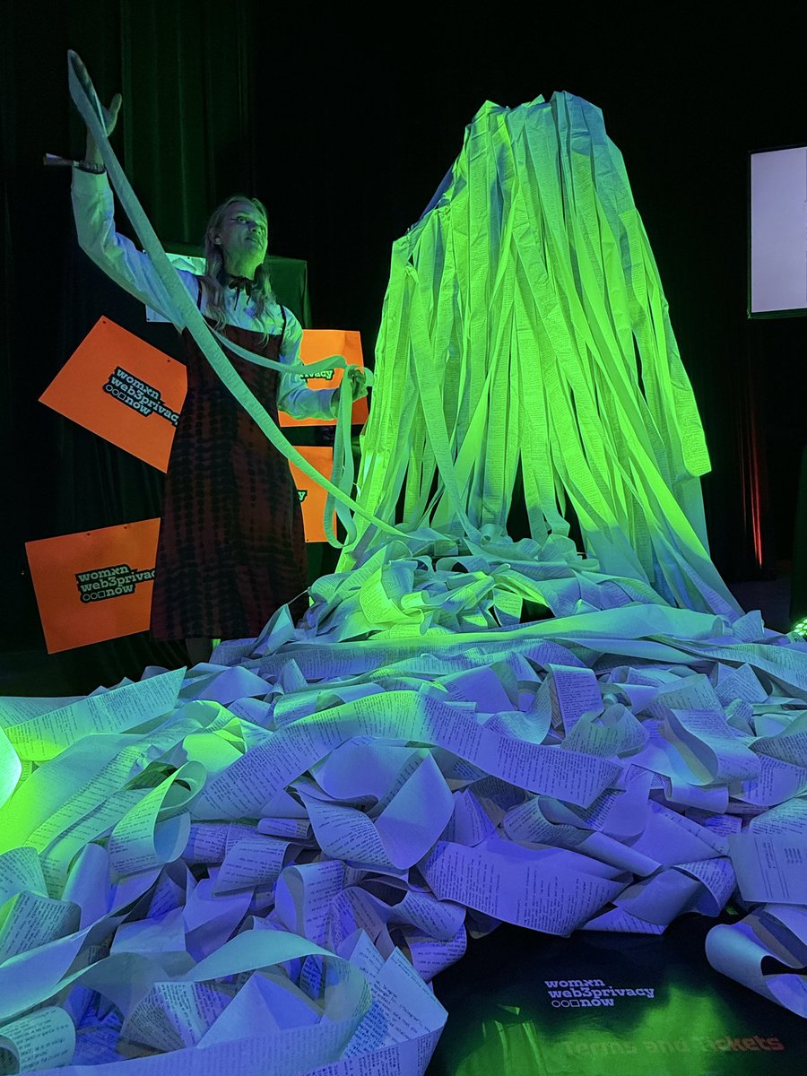 alisher's tweet image. Best art installation I’ve seen at @EFDevcon shows how much we agreed to using centralized apps, with kilometres of printed terms and conditions by @winprivacy leading to glitcharmour.org, an inclusive space to take one step at a time toward agency in the digital world.