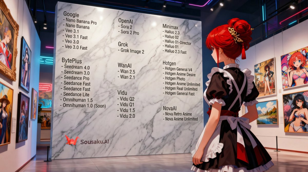 sousakuai's tweet image. 🚀創造性の宇宙を探検！30種類以上の全モデルがあなたのアイデアを待っています。

🔗 Sousaku.ai/models

🌸Google
- Nano Banana Pro
- Nano Banana
- Veo 3.1
- Veo 3.1 Fast
- Veo 3.0
- Veo 3.0 Fast

🌸BytePlus
- Seedream 4.0
- Seedream 3.0
- Seedance Pro
- Seedance Fast
- Seedance…