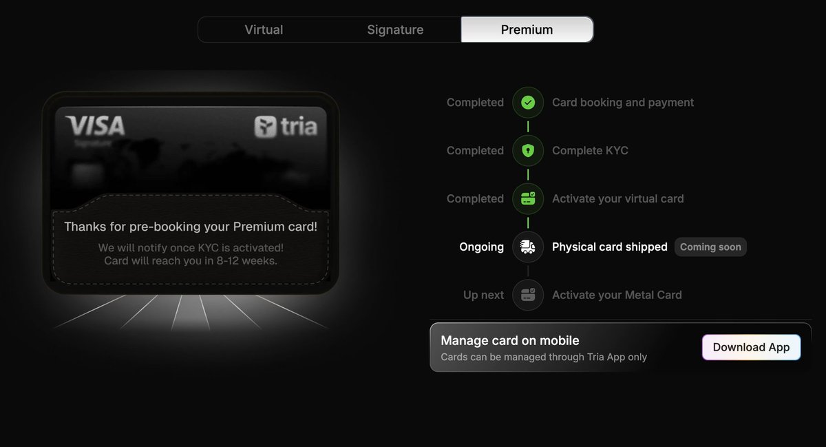 Stan_Steps's tweet image. If you’re not using the premium card on @useTria yet, you’re really missing something good. It works on apple pay, and adding money from your tria wallet is very easy.

The app feels clean and smooth on iphone. it works like a real banking app, not like those crypto apps that…