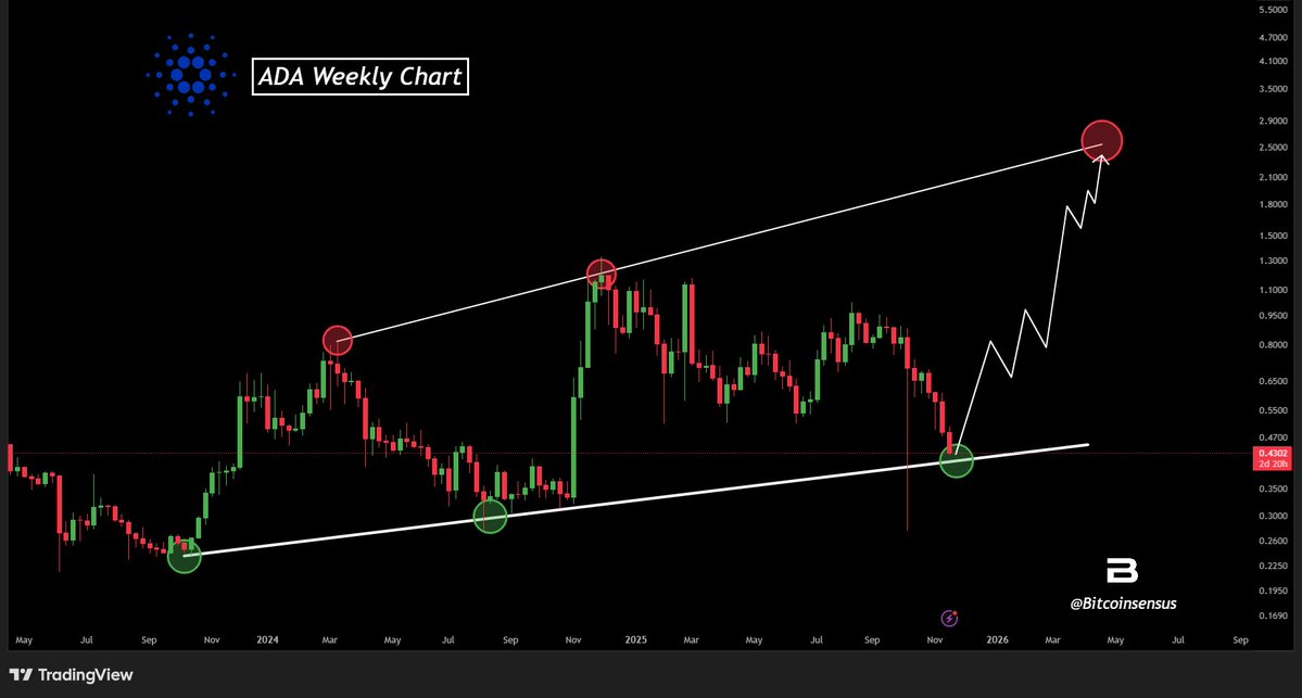 Bitcoinsensus's tweet image. ADA TO BOUNCE FROM MACRO SUPPORT? 🚀

Cardano testing key support from multi-year trend!

📈 Structure suggests a potential run back to $2.80+

Smart money accumulating?

#ADA #Cardano