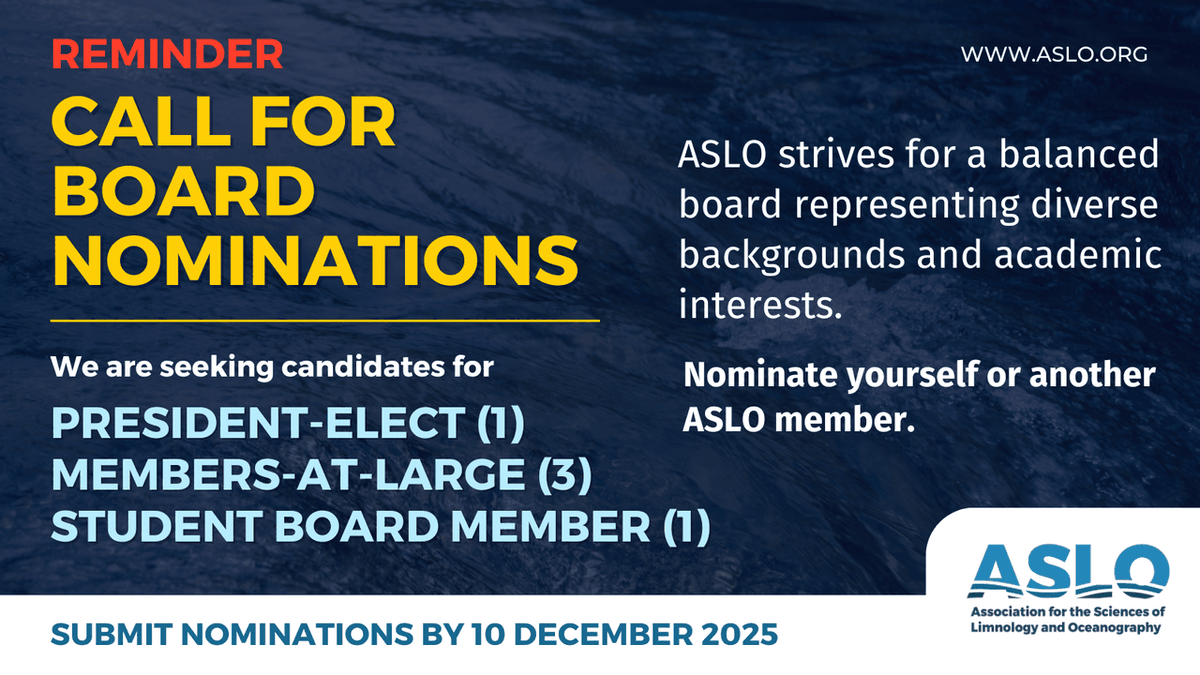 aslo_org's tweet photo. ⏳Reminder: #ASLO is still accepting nominations for our Board of Directors!
As member-driven society, service is at the 💙 of ASLO. Getting involved in the society through Board service not only helps to advance the #aquaticsciences, but it also connects you to a supportive, global network of incredible scientists.
🗓️ Deadline is Dec 10, 2025
🗳️ Nominate yourself or another ASLO member
🔗 Position descriptions and nomination forms: https://t.co/YyqgtTfIqV