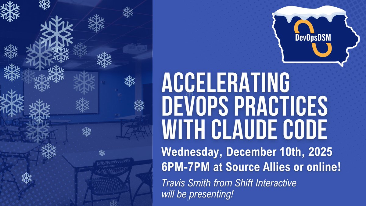 DevOpsDSM's tweet image. See how AI tools like Claude Code can streamline CI/CD &amp;amp; infrastructure automation. Join DevOpsDSM 12/10, 6 p.m. at Source Allies  for Travis Smith’s demo. Last meetup of 2025! RSVP: bit.ly/DevOpsDSM-Acce…