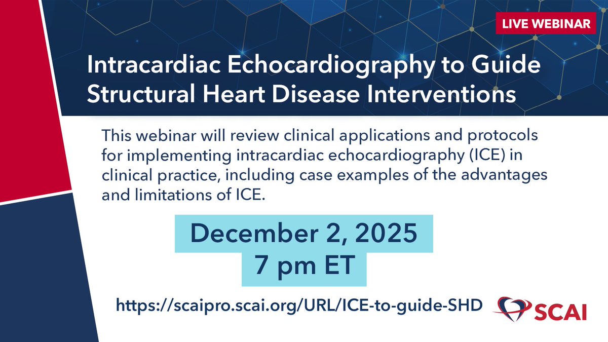 SCAI's tweet image. ⏰There is still time to register for SCAI&apos;s webinar on using ICE to guide #structural heart disease interventions. Based off of our recent position statement, we will dive deeper into how ICE is transforming procedural imaging and workflow.

Register now ➡️…