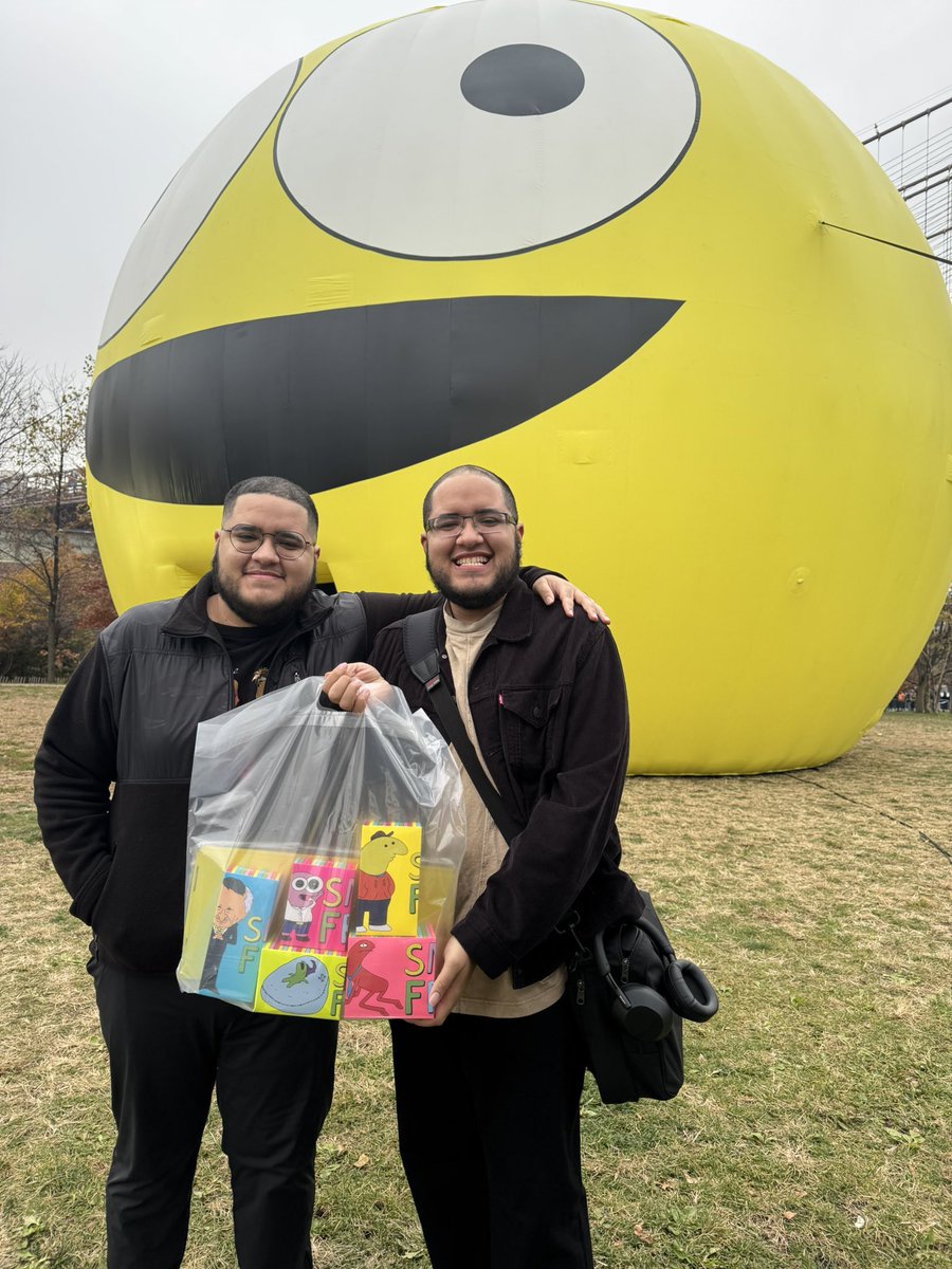 ThatWasDerek's tweet photo. The #SmilingFriends meet the smiling brothers! Yes, your boy was a winner 😆 #SmilingFriendsNYC @adultswim https://t.co/7L7pSG4WyI