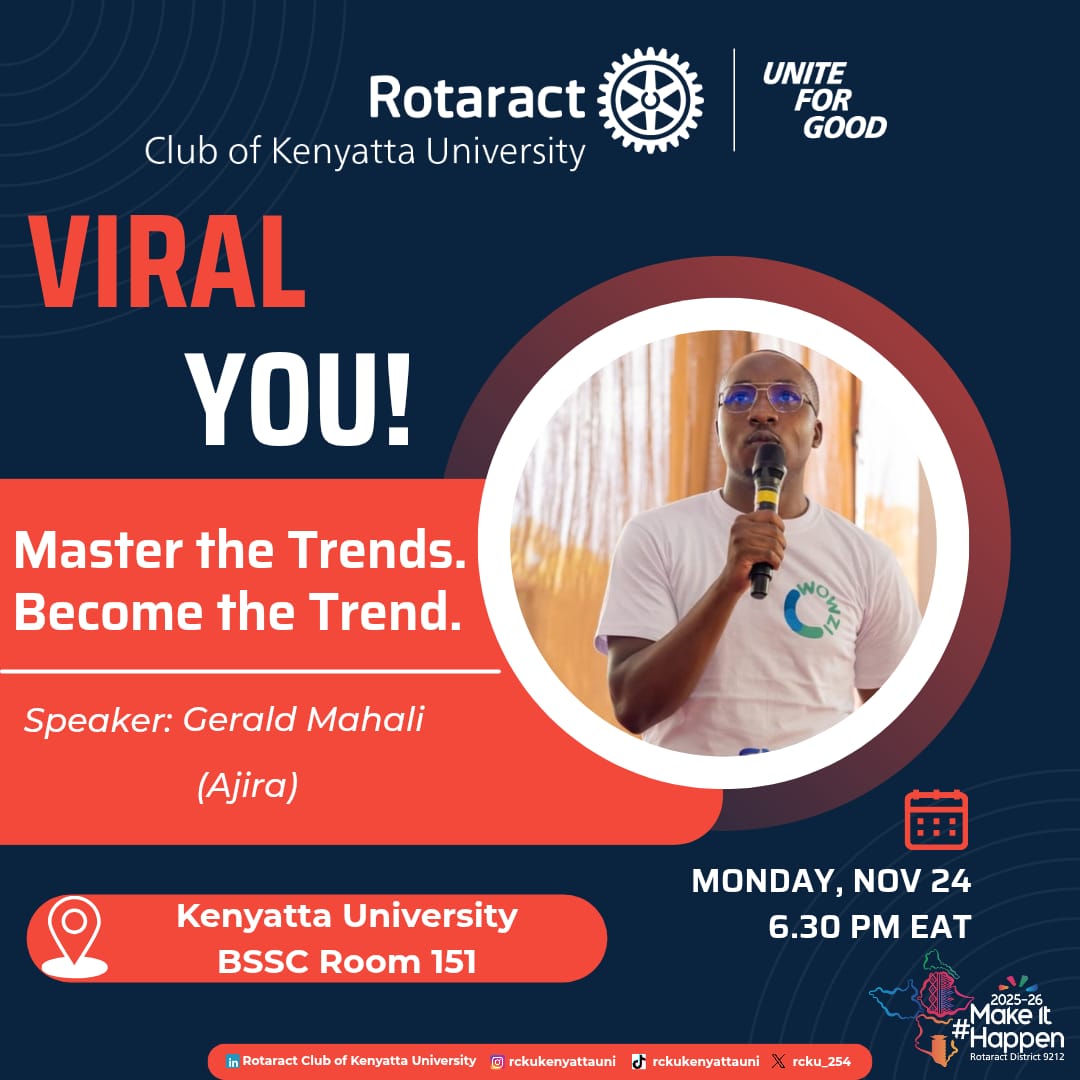 rcku_254's tweet photo. VIRAL YOU! | Master the Trend. Become the Trend. π₯
Ready to turn likes into legacy? π₯
Join us for an exciting session powered by Ajira where creativity meets opportunity!
Letβs crack the algorithm and OWN the trends #rotaractkenya #uniteforgood https://t.co/q5EraQZSa0