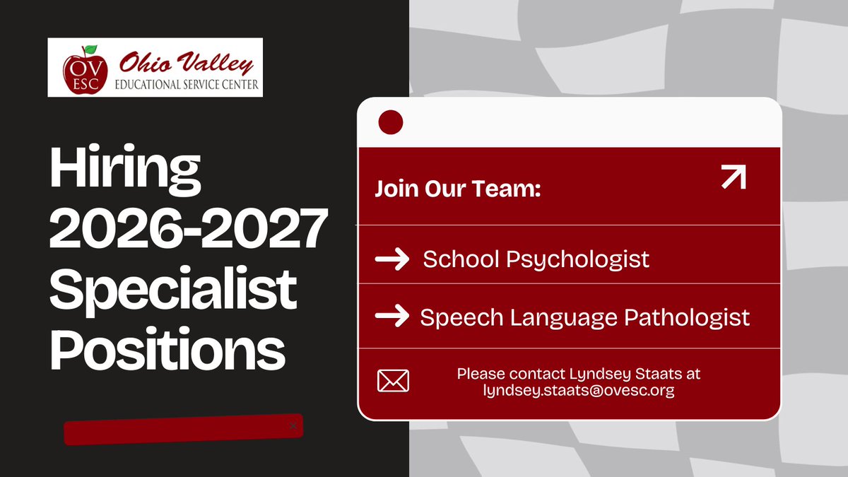 OhioValleyESC's tweet image. We are hiring two specialist positions for the 2026-2027 school year!  Please contact Lyndsey Staats at lyndsey.staats@ovesc.org for more information or to apply. #SERVE