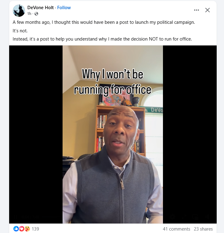 Some Louisville political news.

DeVone Holt, former CEO of the Muhammad Ali Center, says he's NOT running for office in '26.

Said he was turned off by the "dirty, nasty, ugly" nature of politics.

He was rumored as a possible primary opponent to Dem Rep. Morgan McGarvey.