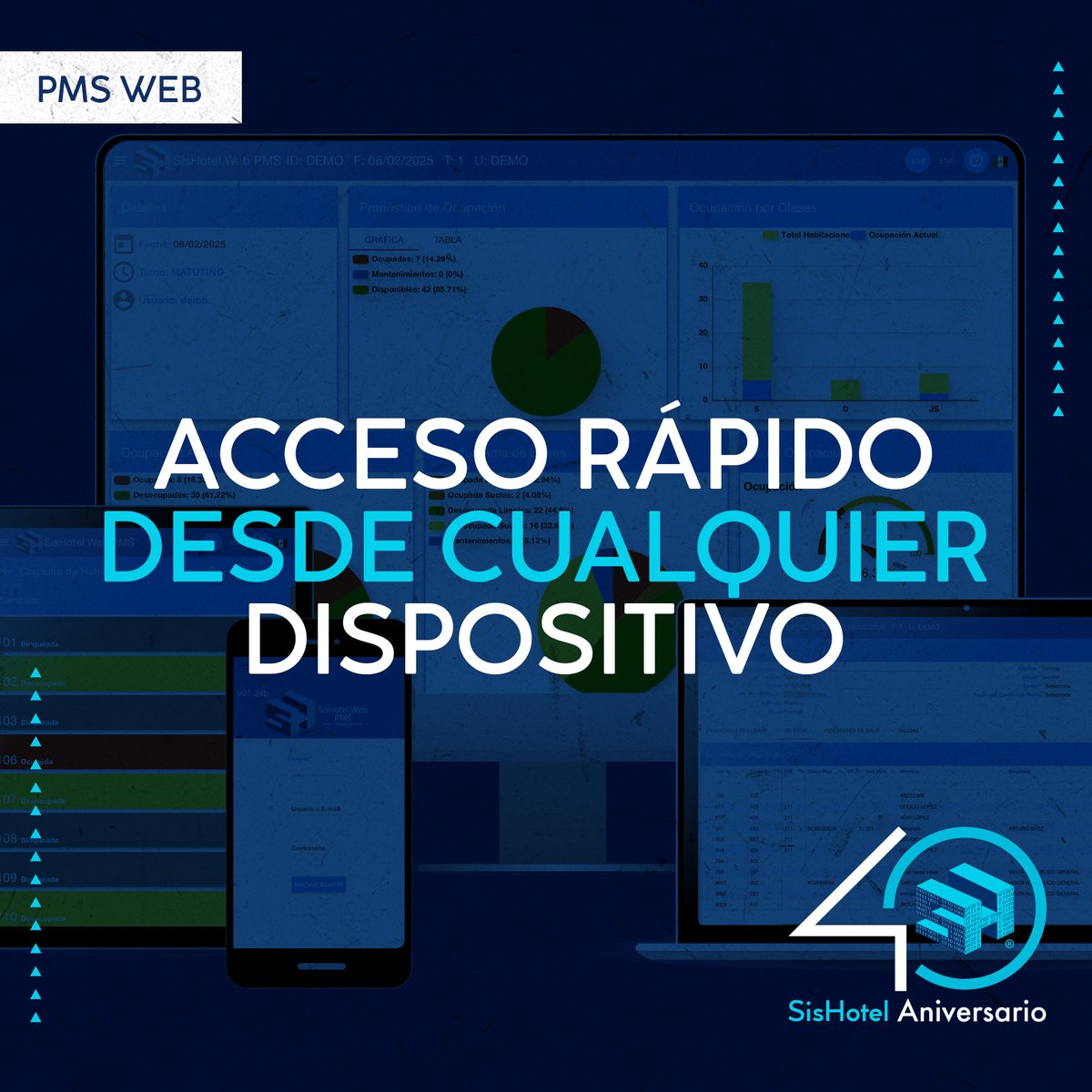 SisHotel's tweet image. Un PMS WEB te permite trabajar sin límites, conectándote desde móvil, tablet o computadora sin instalar nada.

SisHotel 40 años al servicio de la hotelería.

#SisHotel #SisHotel40 #OperaciónBajoControl #PMSWEB #WEB
#PMS #industriahotelera #softwareparahoteles #software