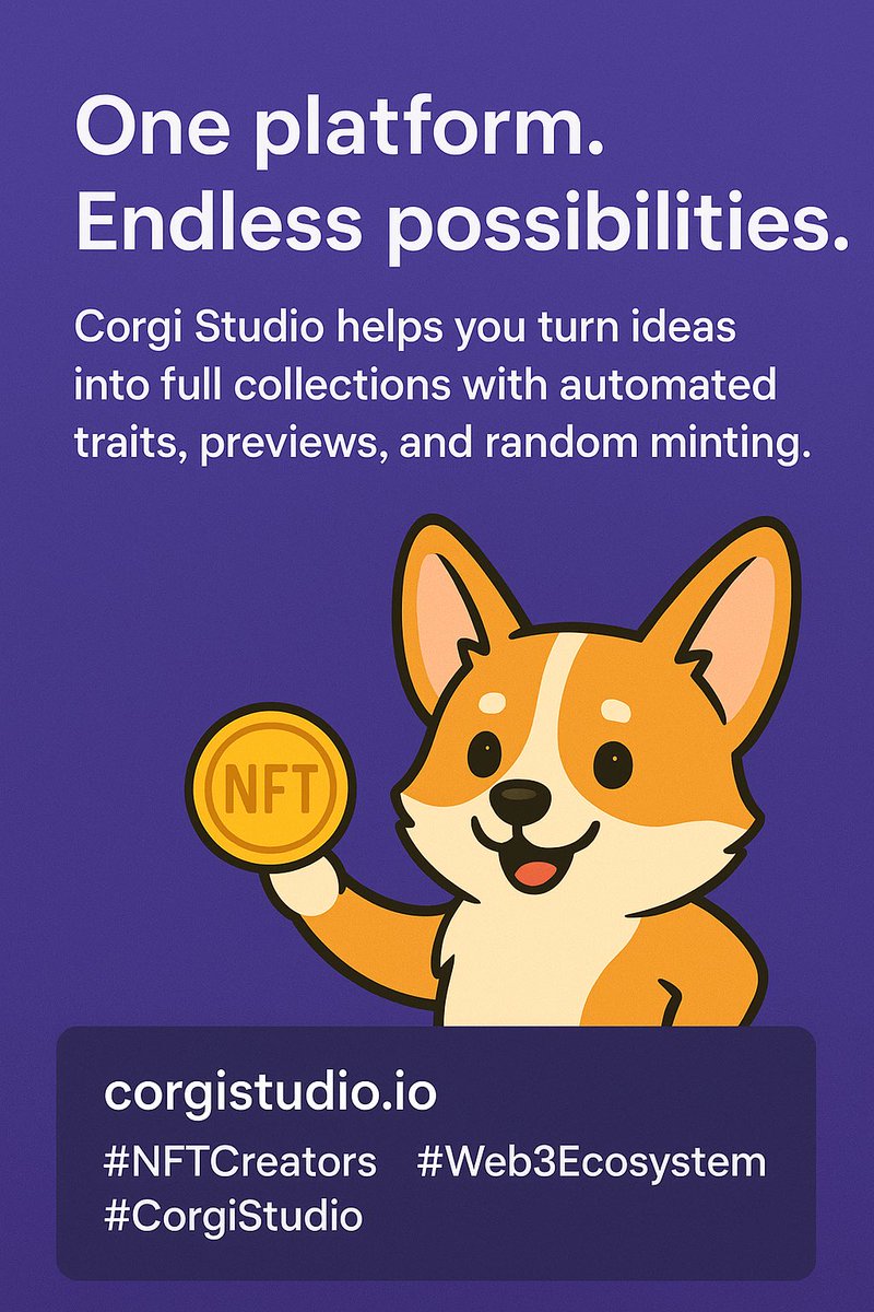GomezSdcc's tweet image. 🐾 One platform. Endless possibilities.
Corgi Studio helps you turn ideas into full collections with automated traits, previews, and random minting.
Your project deserves this.
🔗 corgistudio.io
#NFTCreators #Web3Ecosystem #CorgiStudio