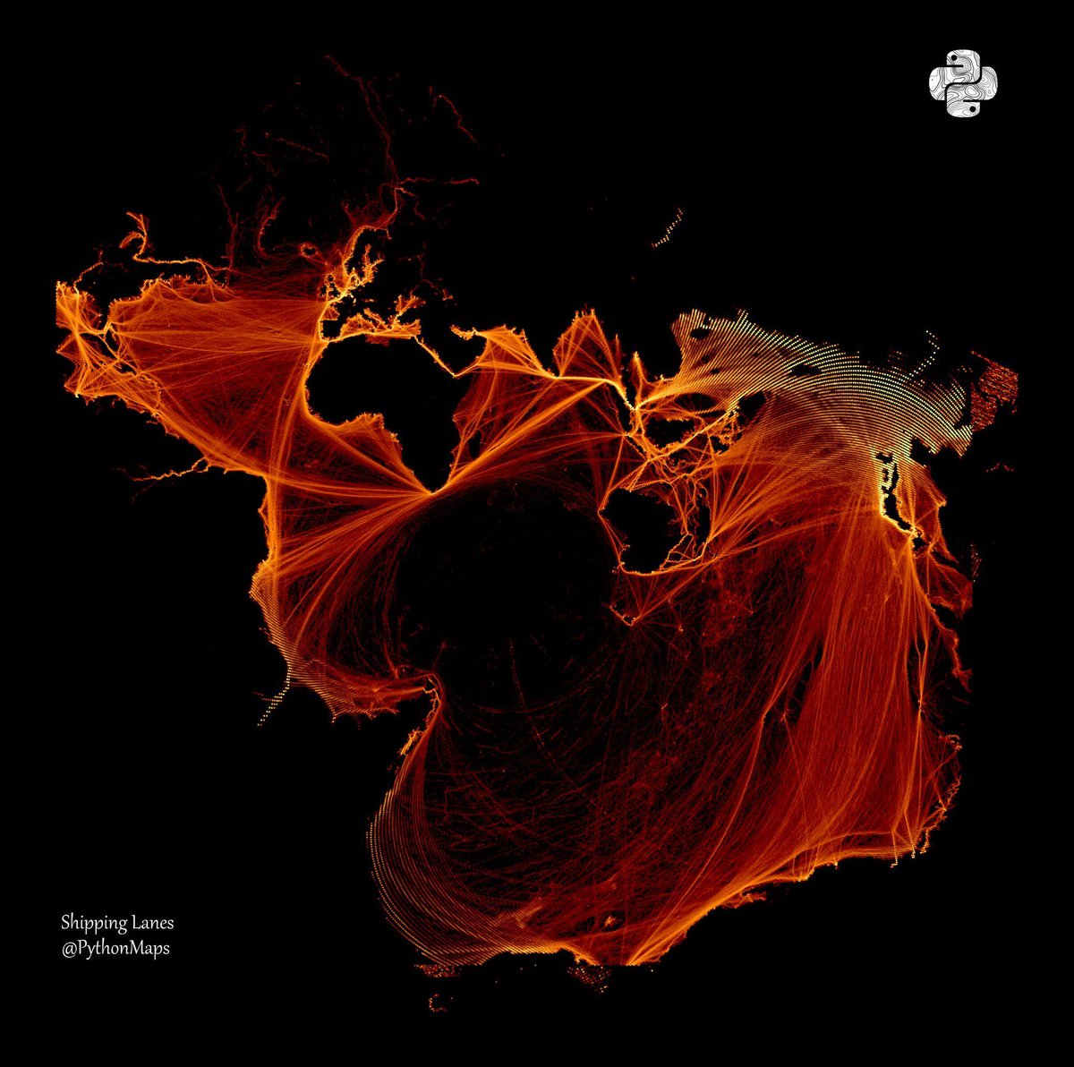 simongerman600's tweet image. This visualization by @pythonmaps (a must follow account) shows global shipping lanes in the gorgeous ocean-centered Spillhaus projection. Extremely pleasing to look at!