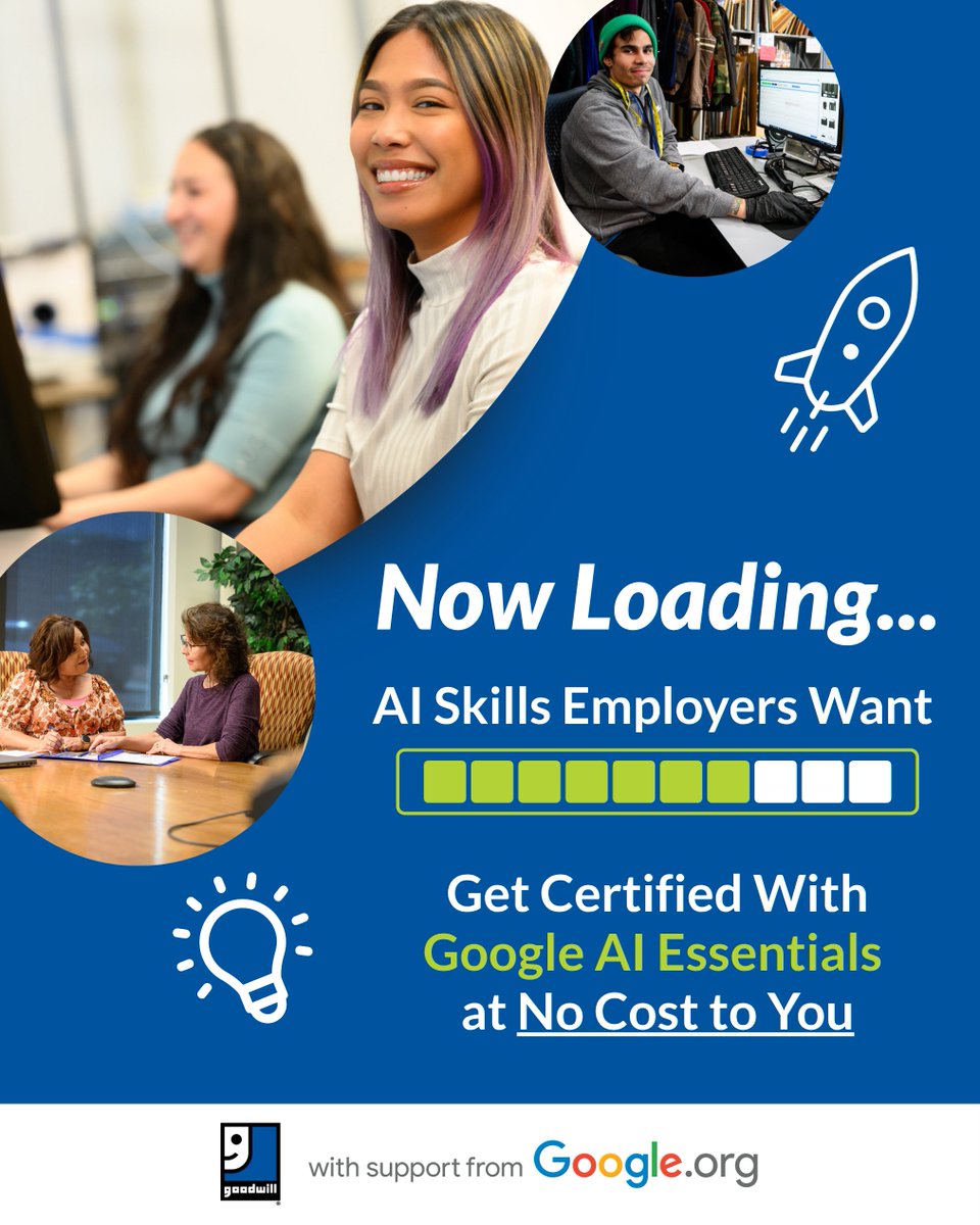HOTGoodwill's tweet image. Learn AI basics from Google experts—free! Google and Goodwill® teamed up to make AI training more accessible. Boost your résumé with the Google AI Essentials course.

Get started: forms.gle/7MiLG8n2e33fxr…

#AISkills #AICourse #GoogleAI