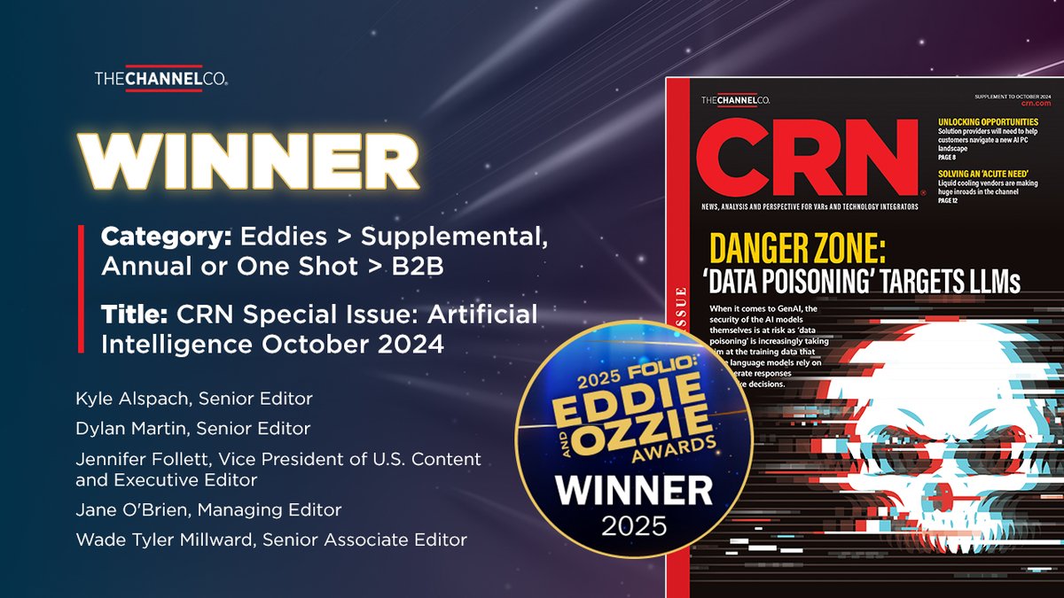 CRN's tweet image. Congratulations to our editorial team on recently winning three Eddie Awards as part of @foliomag’s 2025 Eddie and Ozzie Awards for the following pieces!

Category: Analysis &amp;gt; B2B
Winning Title of Entry: The Rise Of @nvidia, The Fall Of Intel by @CRN Senior Editor @DylanOnChips:…