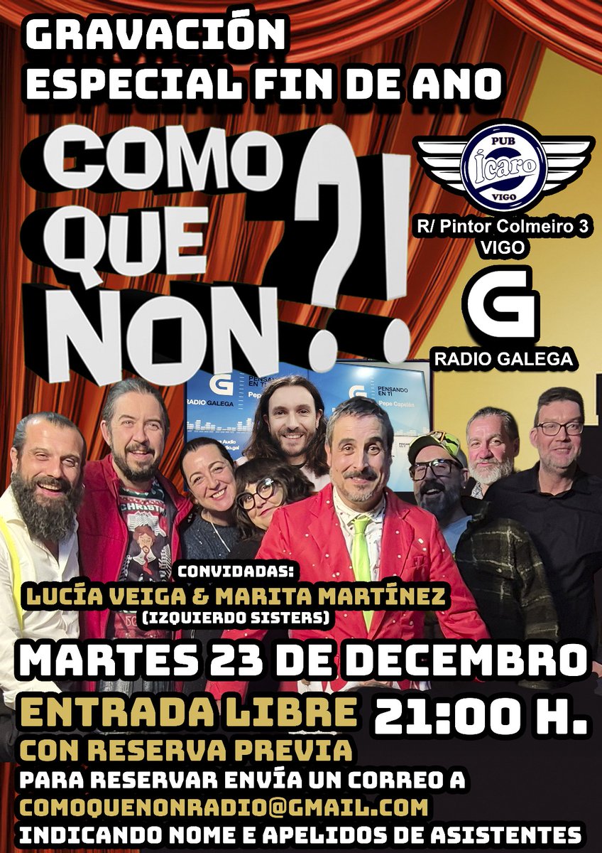 En 2025 el fin de año se celebra en el Pub Ícaro el 23 de diciembre a las 21:00 con la grabación del especial nochevieja del <a href="/comoquenonradio/">Como que non?! Radio Galega</a>.
Venirse todos.
Somos todos tan guapos que hasta da rabia que sea solo radio.