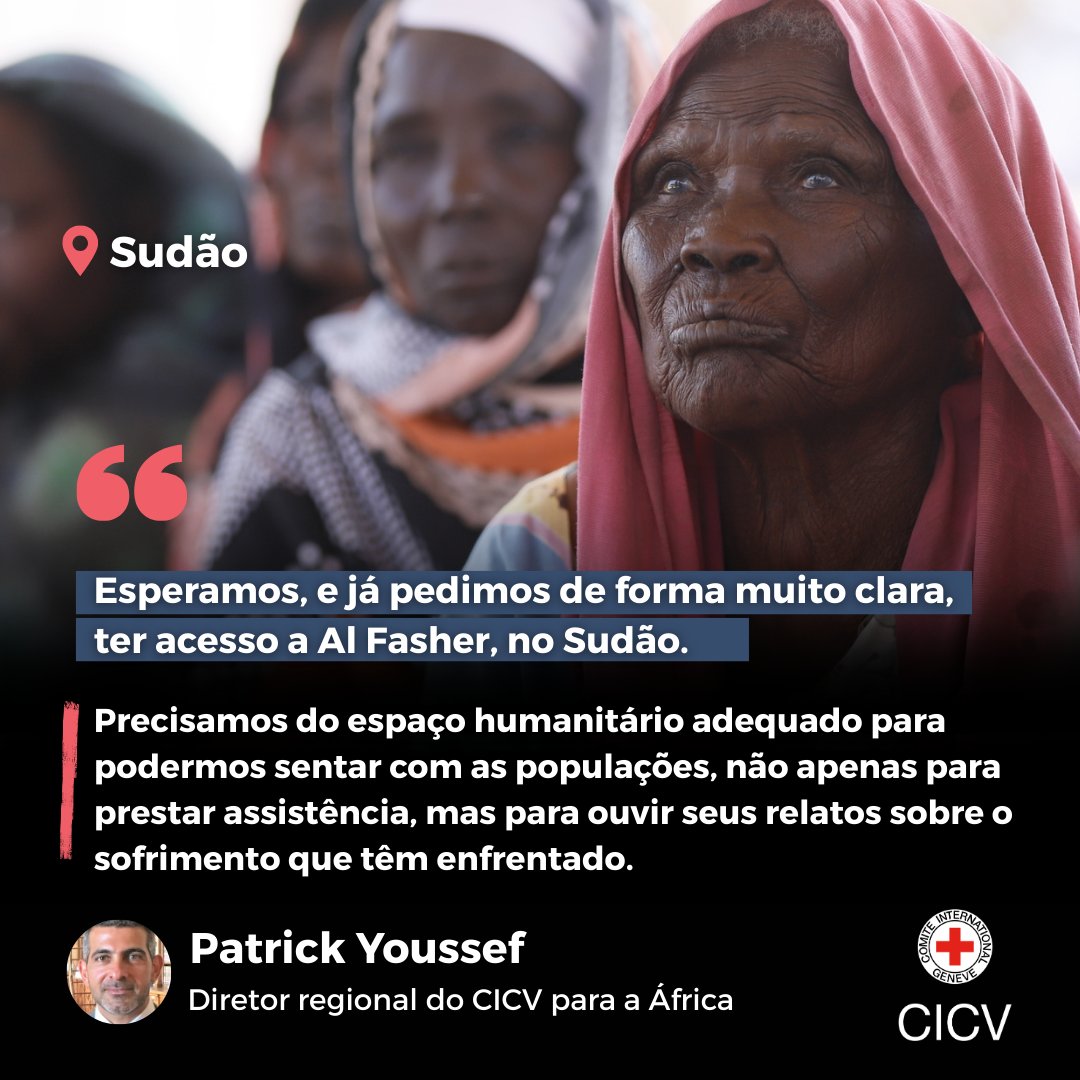 CICV_pt's tweet image. 📍 Sudão | Dezenas de milhares de pessoas fugiram de Al Fasher nas últimas semanas, enquanto muitas outras permanecem encurraladas na cidade sem alimentos, água e assistência médica suficientes.

💬 Diretor regional do CICV para a África, Patrick Youssef 👇