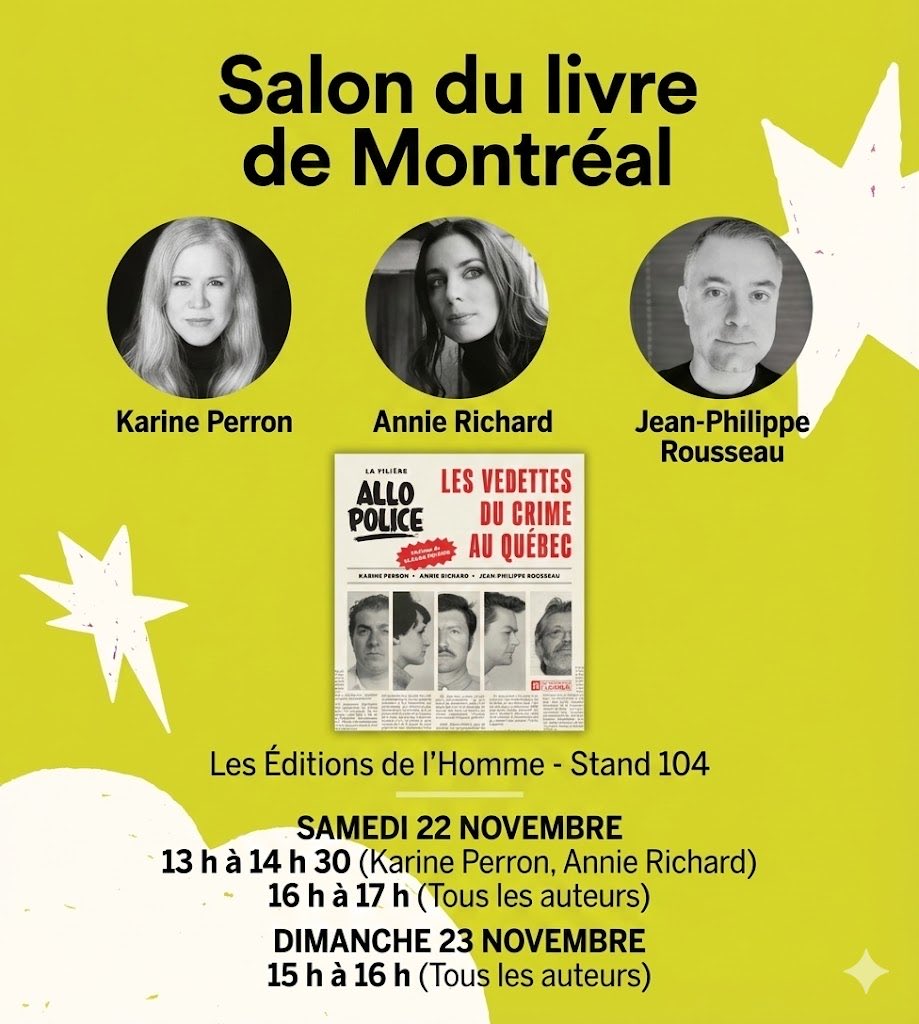 frozenfrog's tweet image. Rencontrez les auteurs de La Filière Allô Police au Salon du livre de Montréal !

Samedi 22 novembre : 
13h à 14h30 (Karine Perron &amp;amp; Annie Richard) 
16h à 17h (Tous les auteurs)

Dimanche 23 novembre : 
15h à 16h (Tous les auteurs)