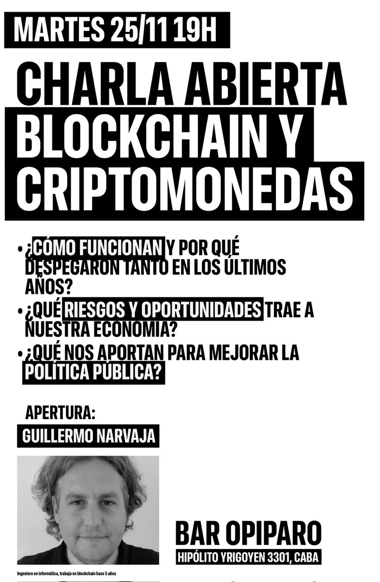 El martes 25 a las 19hs. nos metemos con Blockchain y Criptomendas. Pueden aportar a mejorar las políticas públicas?
Abre la charla <a href="/gnarvaja/">Guillermo Narvaja</a> 
Te esperamos.
