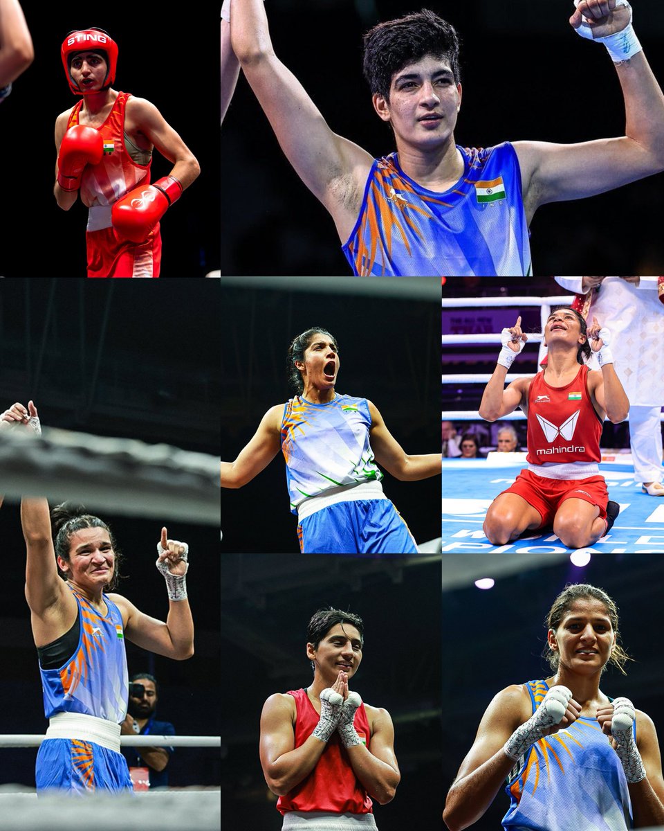 TheKhelIndia's tweet image. THE GOLDEN GIRLS OF INDIA🏅🤩

✨ Minakshi Hooda - 48kg
✨ Nikhat Zareen - 51kg
✨ Preeti Pawar - 54kg
✨ Jaismine Lamboria - 57kg
✨ Parveen Hooda - 60kg
✨ Arundhati Chaudhary - 70kg
✨ Nupur Sheoran - 80+ kg

THE GIRLS MADE WHOLE OF INDIA PROUD 🇮🇳💙