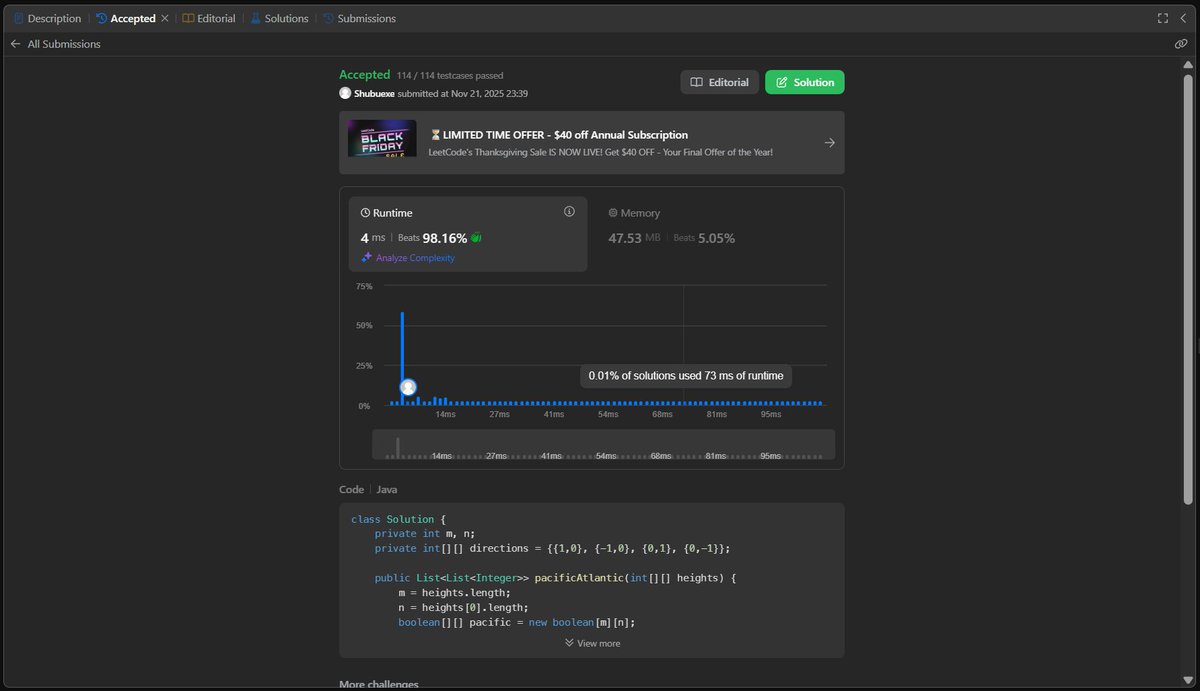 Day 63/365 – #365DaysOfLeetCodeChallenge
“Pacific Atlantic Water Flow” 🌊
Reverse-flow DFS: start from ocean edges → move uphill. Cells reached by both = answer.
#leetcode #java #DSA #coding #programming