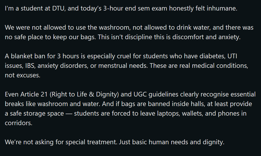 Beluga_69_69's tweet photo. 3 hours. No washroom. No water. No safety for our belongings. You need to read this.

Requesting urgent attention:
@dpradhanbjp @EduMinOfIndia @ugc_india @AICTE_INDIA @LtGovDelhi @narendramodi @BJP4India @gupta_rekha https://t.co/xt0eGKWzmZ