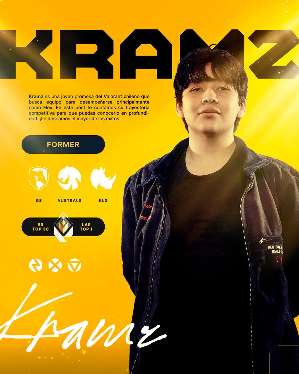 FlowTimCheese's tweet image. Kramz: 17 años (Chile) - F/A

@Kramzvlr nuestro Flex (iniciador, centinela, entry) está actualmente sin restricciones para competir, en busca de una oportunidad en el T2.

Es un talento joven de Chile el cual ha luchado por el ascenso con Australs &amp;amp; KLG.

Su historia en Valorant…