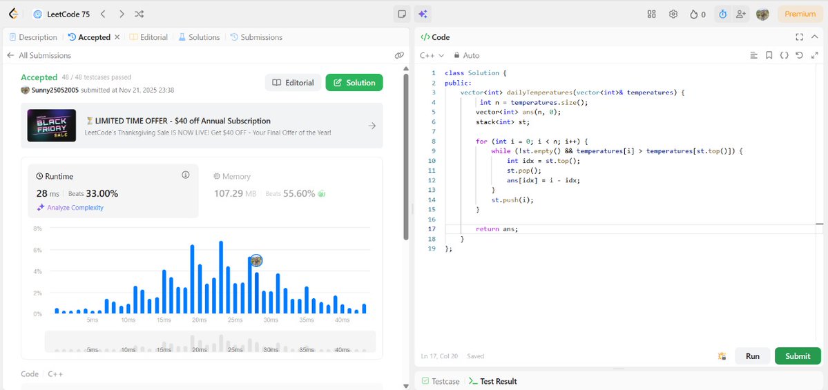 SunnyKumar51305's tweet image. 🔥 Problem of the Day:  Daily Temperature 
Approach:  
Language: C++
Difficulty: Medium 
✅ Passed all testcases
#DSA #LeetCode75