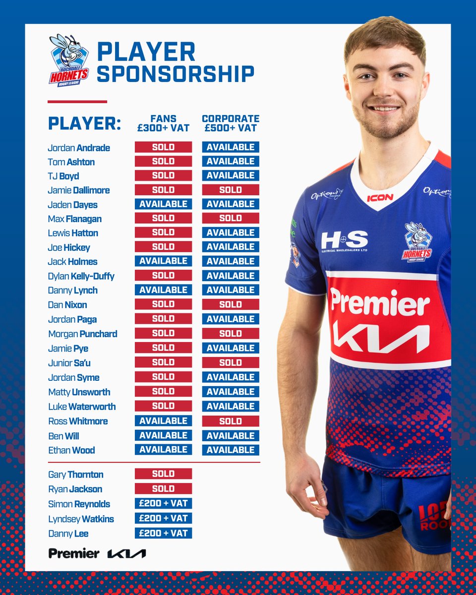 👤 Keen to sponsor a member of our Hornets first team squad?

We have a number of opportunities still available for supporters and businesses ahead of the 2026 Betfred Championship season 🤝

To reserve a player, please email: Commercials@hornetsrugbyleague.com ✉️