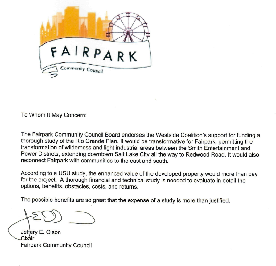 We are excited to announce the letter of endorsement from the Fairpark Community Council! They join a growing list of 8 councils in the area that now support the Rio Grande Plan! To see all andorsements, check out this page riograndeplansaltlakecity.org/?page_id=1208
