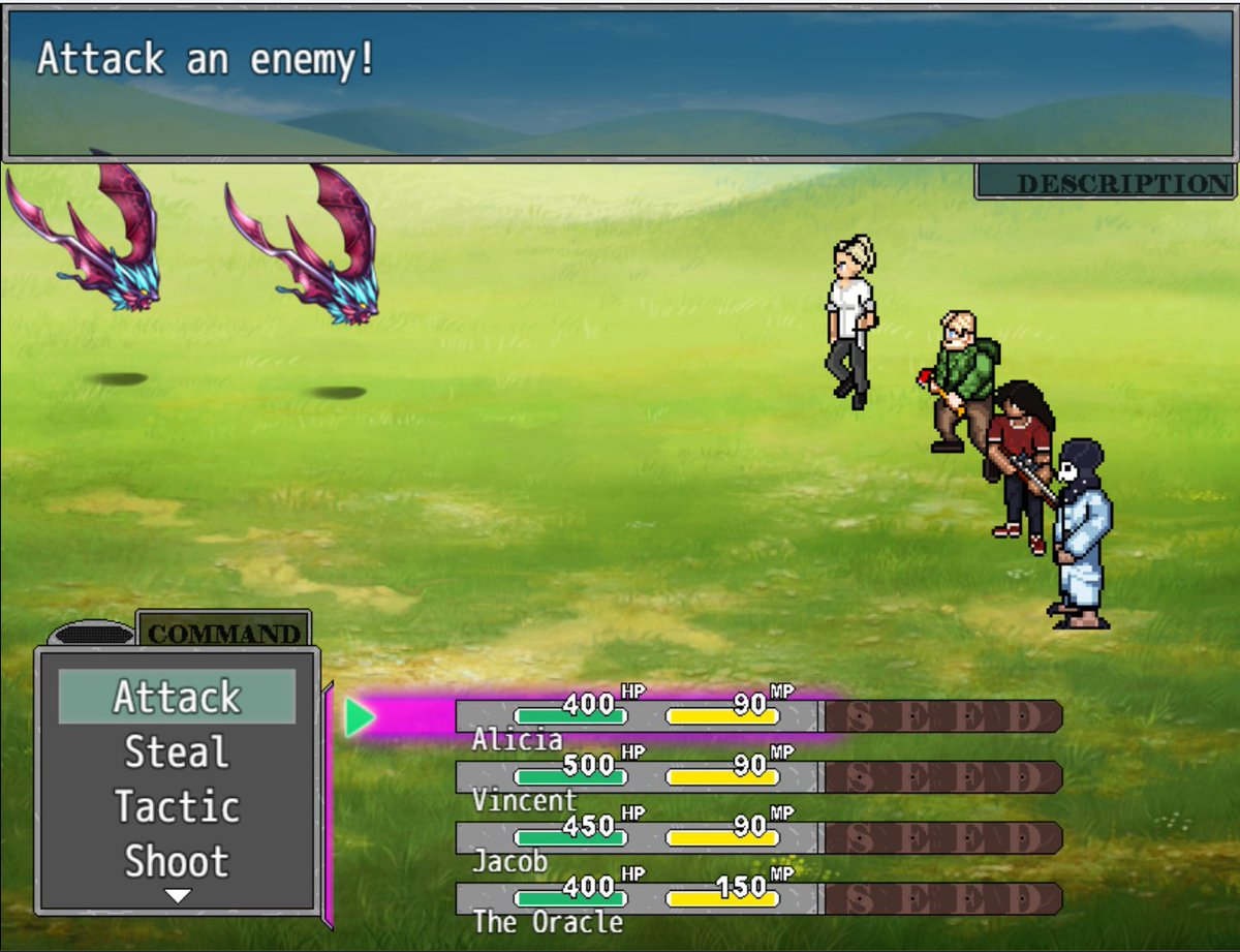 SerChansey's tweet image. Using Moghunter&apos;s BattleHUD plugin I made the battlescreen my own! What do people think? The description box at the top is something I&apos;m debating keeping, but I got feedback from my friend it helps with what skills do!   #rpgmakermv #spritework #indiedev