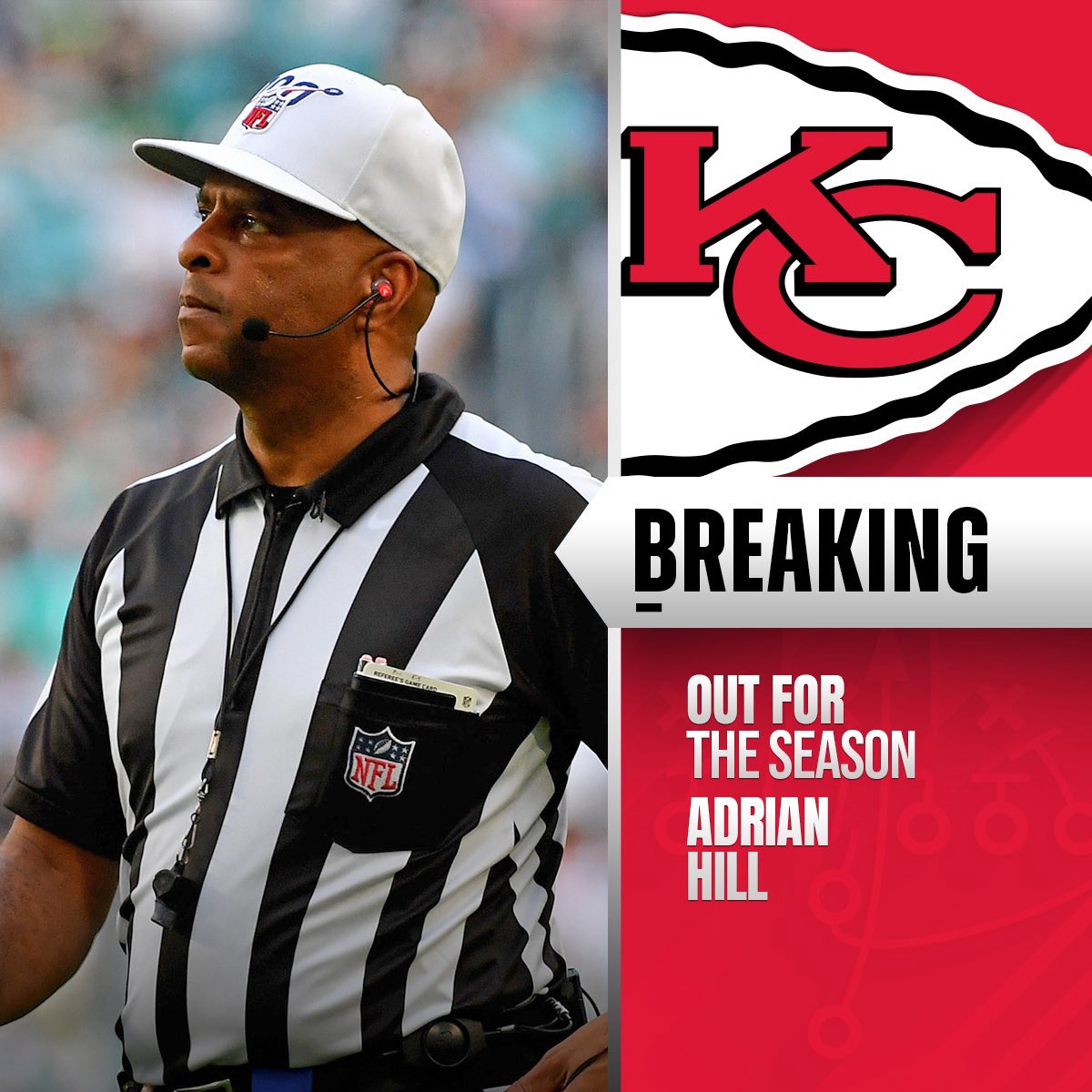 TheNFLDrop's tweet image. NFL referee Adrian Hill will miss the rest of the season with a leg injury.